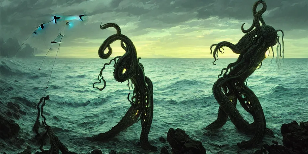 Image similar to landscape view on an old fishing village at night, a fit humanoid tentacled monster emerging from the ocean, night colors, high - key lighting, beautiful composition, intricate, gradient from green to black, pro photography by, highly detailed, digital painting, art by artgerm and greg rutkowski and alphonse mucha, smooth, sharp focus illustration