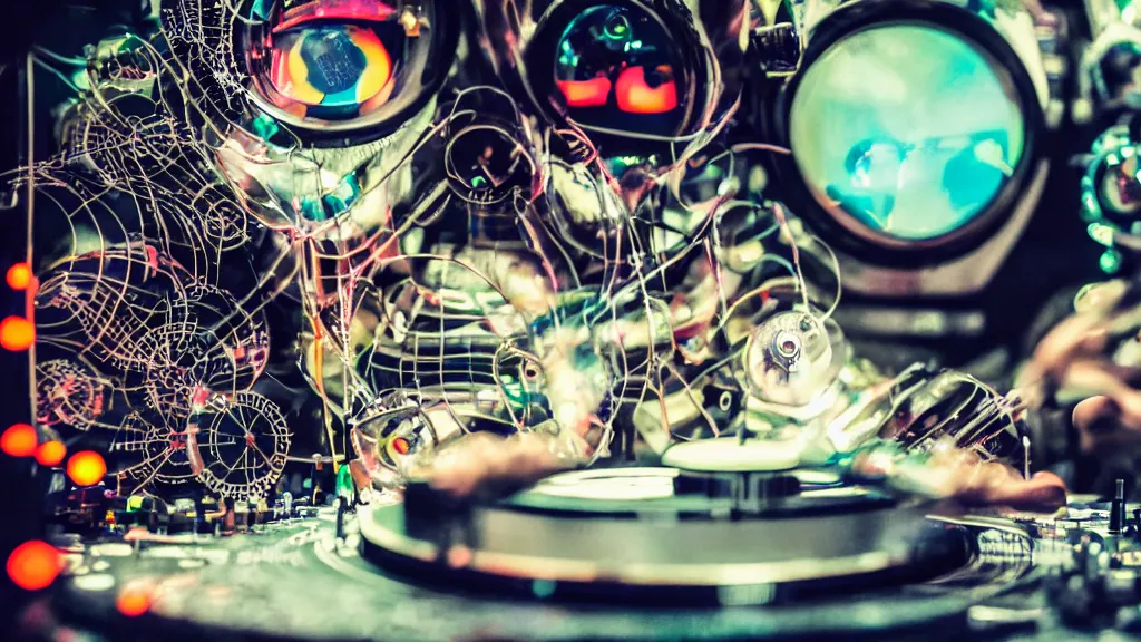 Image similar to a person wearing goggles and visor and headphones using a retro clockwork record player contraption, wires and tubes, turntablism dj scratching, intricate planetary gears, cinematic, imax, sharp focus, leds, bokeh, iridescent, black light, fog machine, hazy, lasers, hyper color digital art