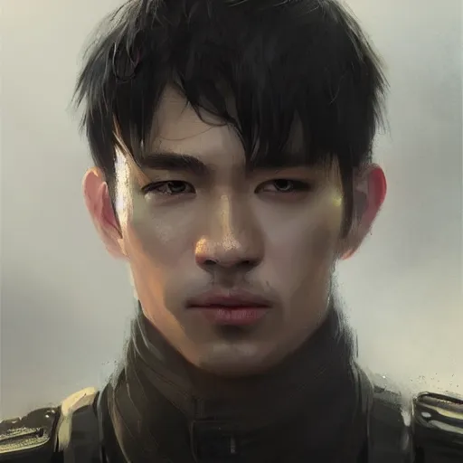 Image similar to Portrait of a man by Greg Rutkowski, he is about 20 years old, japanese, short black hair with bangs, young, manly, attractive, slim, he is wearing futuristic military fatigues, highly detailed portrait, scifi, digital painting, artstation, concept art, smooth, sharp foccus ilustration, Artstation HQ