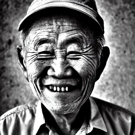 Image similar to a character portrait photo of a smiling old japanese man, hopeful, photojournalism, war photography, adobe, canon, nikon, flickr contest winner, neo-expressionism, art photography, busy background, hyperrealism, chiaroscuro, anamorphic lens flare, elegant, shallow depth of field, haze, volumetric lighting, photo taken with provia, 24mm, f1.8, by Filip Hodas, by Andrew Domachowski