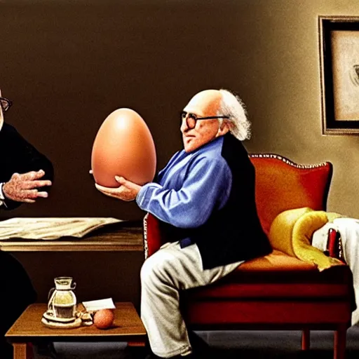 Image similar to danny devito and larry david fighting over a chair shaped like an egg, renaissance still life painting, masterpiece, realistic light and shadow