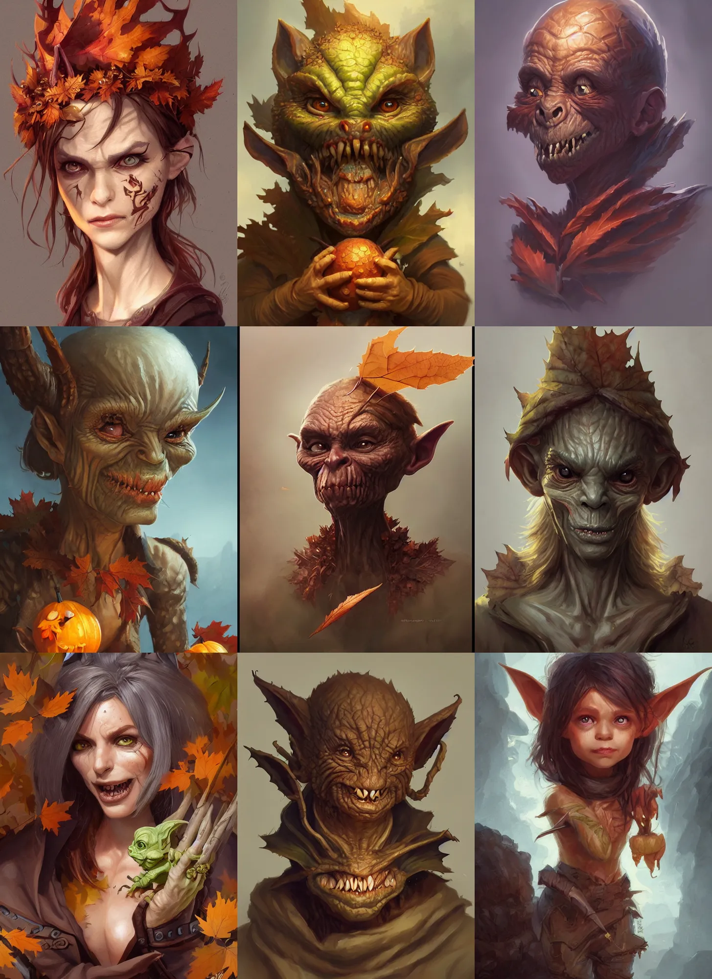 Prompt: cute autumnal goblin, d & d, fantasy, portrait, highly detailed, digital painting, trending on artstation, concept art, sharp focus, illustration, art by artgerm and greg rutkowski and magali villeneuve