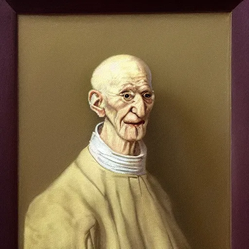 Prompt: high quality oil painting portrait of Squidward wearing white turtleneck by Rembrandt