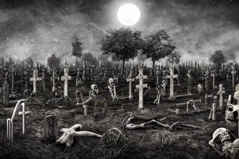 Prompt: skeletons and corpses come out of the ground in a cemetery, dark night, full moon, highly detailed digital art, photorealistic