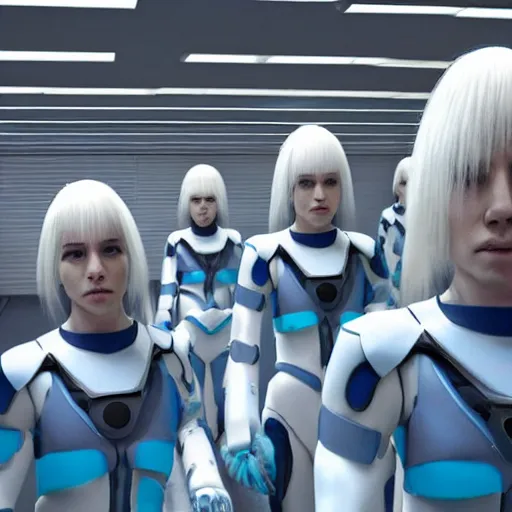 Image similar to troop of cloned women with white apache hairdos, white hair, tight light blue neopren suits, futuristic production facility, sci - fi, highly detailed, cinematic