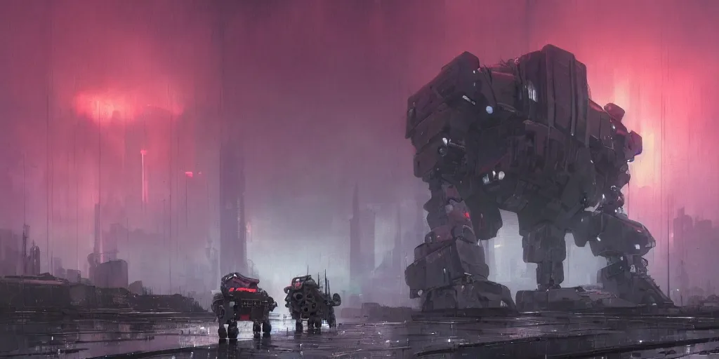 Prompt: bright render of huge mecha, by Ian McQue, Rutkowski, lee madgwick and hubert robert, concrete building by le corbusier on the background, puddles of water, trees and bushes, blade runner style, neon glow, vivid color, moody lighting, unreal engine, sunrise, epic skies, foggy