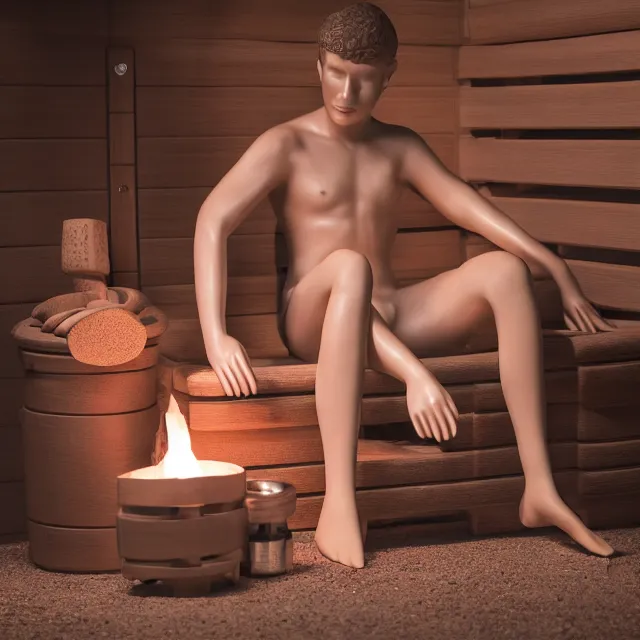 Image similar to realistic porcelain statue of a person sitting in sauna, 4 k photo, spotlight