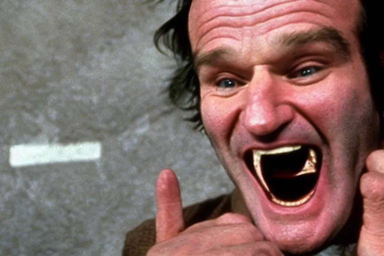 Image similar to Robin Williams as Jack Torrance shouting here’s Johnny The Shining 1980