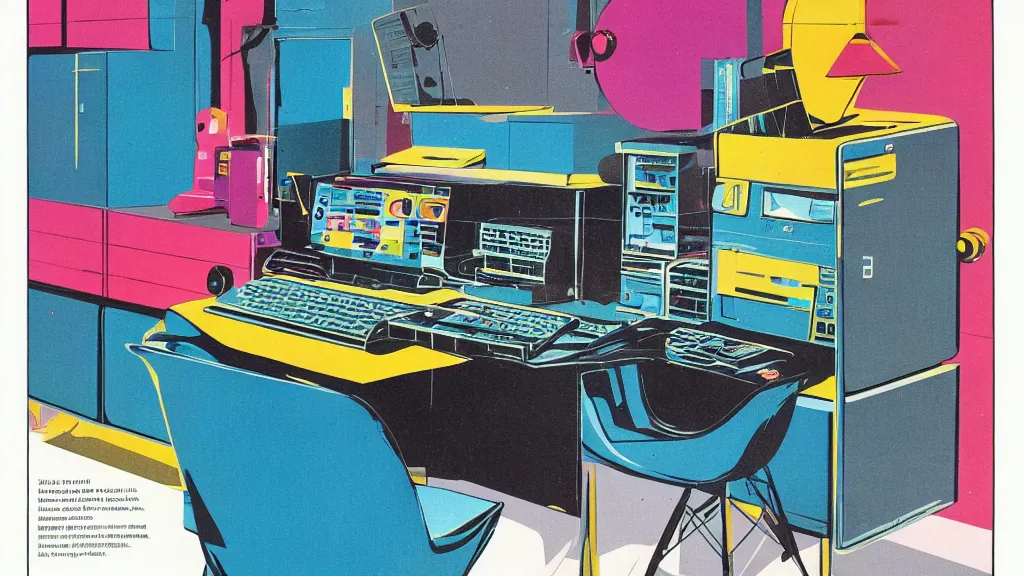 Prompt: 1 9 7 0 s magazine illustration a colourful retro - future computer industrial design