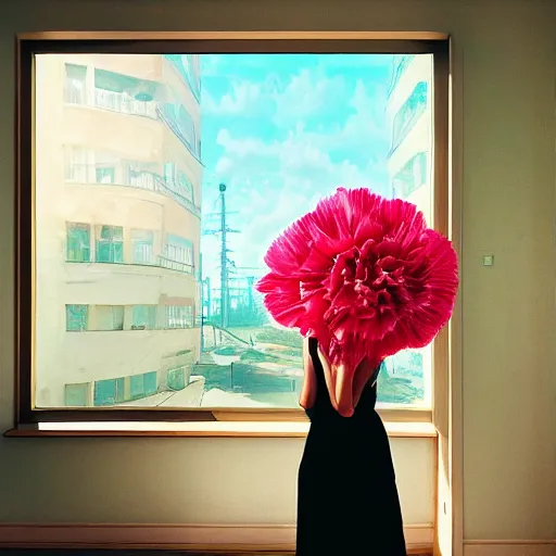 Image similar to giant carnation flower head, woman walking next to modern window in luxury apartment, surreal photography, sunlight, impressionist painting, digital painting, artstation, simon stalenhag