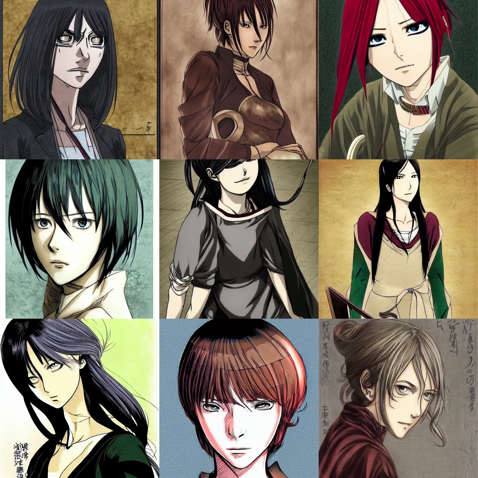 Prompt: beautiful woman portrait, colored, by Hajime Isayama