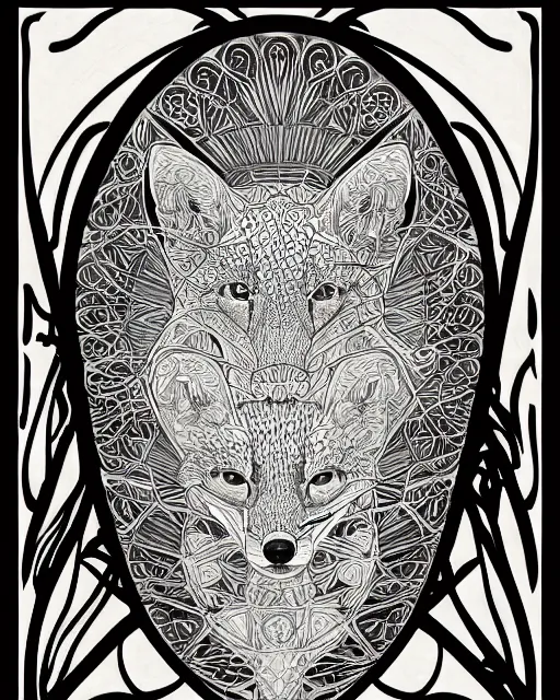 Image similar to fox carving art, cell shading, voronoi,fibonacci sequence, sacred geometry by Alphonse Mucha, Moebius, hiroshi yoshida, Art Nouveau, colorful, ultradetailed, black and white, 3d