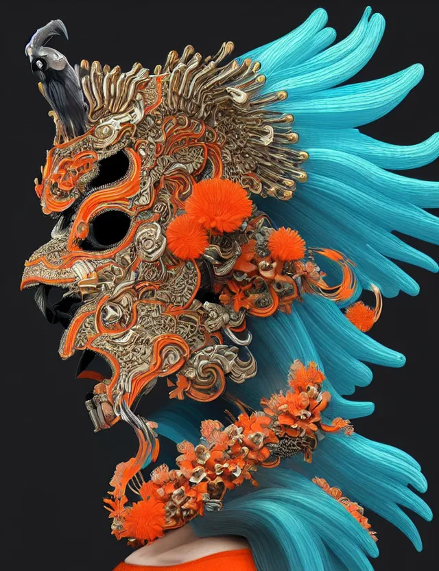 Image similar to 3 d goddess close - up profile portrait biomechanics with ram skull. beautiful intricately detailed japanese crow kitsune mask and clasical japanese kimono. betta fish, jellyfish phoenix, bio luminescent, plasma, ice, water, wind, creature, artwork by tooth wu and wlop and beeple and greg rutkowski. gold and black and teal and orange color scheme