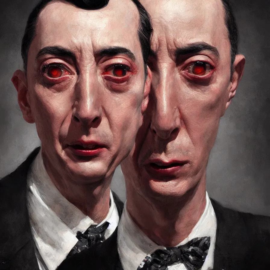 Prompt: close portrait of peewee herman, high detail, dramatic light, digital art, painted by greg rutkowski, painted by seb mckinnon, trending on artstation