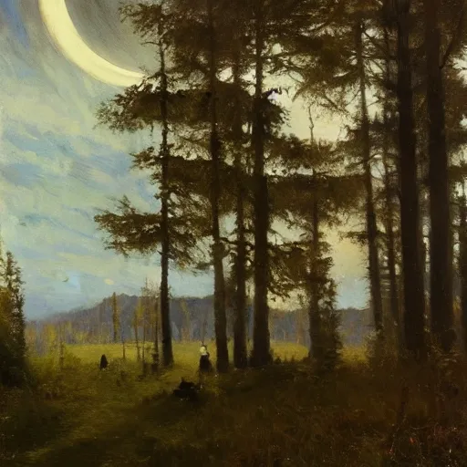 Image similar to medium shot, cinematic, the giant crescent Moon in the sky, above the night forest, soft lighting, oil on canvas, by Perov, by Levitan, masterpiece, trending on artstation, cinematic composition, beautiful lighting, sharp, details, hyper-detailed, HD