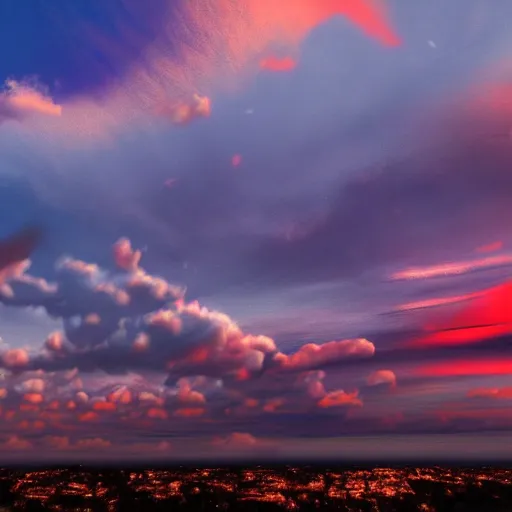 Prompt: a vivid sky at sunset, shot in the sky, loots of clouds, digital art, trending on artstation, by sarah jane brown