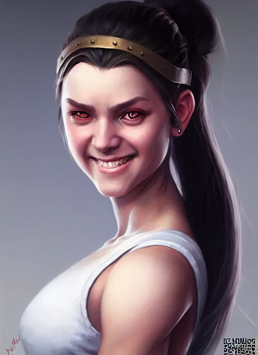 Image similar to a _ fantasy _ style _ portrait _ painting _ of white girl, dark ponytail hair, smiling, round face, rpg dnd oil _ painting _ unreal _ 5 _ daz. _ rpg _ portrait _ extremely _ detailed _ artgerm _ greg _ rutkowski _ greg