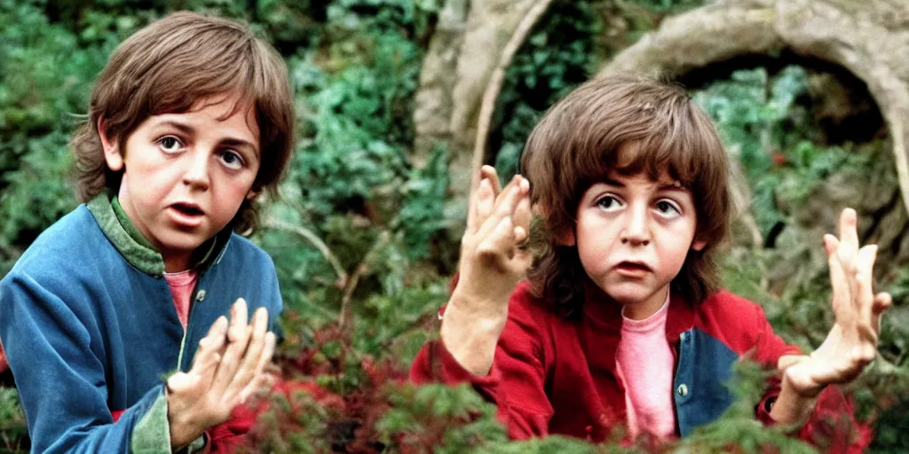 Image similar to A full color still of young Paul McCartney looking at his palm, dressed as a hobbit inside his house, directed by Stanley Kubrick, 35mm, 1970