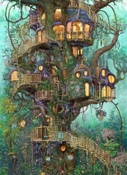 Image similar to huge whimsical fantasy treehouse, lush forest, secret garden by Daniel Merriam