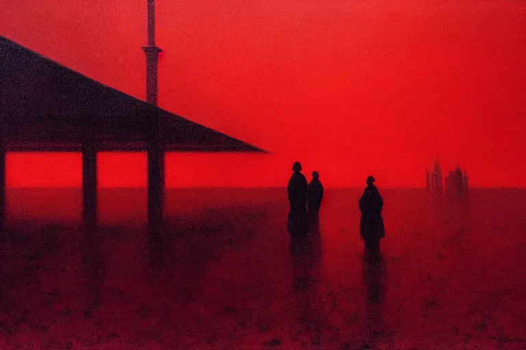 Image similar to only with red, a red dystopic knight, venice, flock of birds in the red sky, in the style of beksinski, parts by edward hopper, parts by rodcenko, parts by yue minjun, intricate and epic composition, red by caravaggio, insanely quality, highly detailed, masterpiece, red light, artstation, 4 k