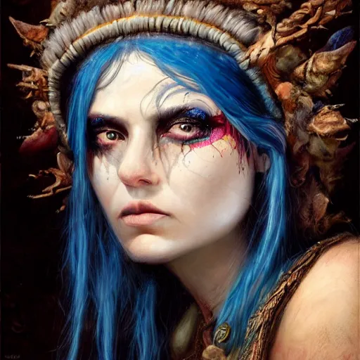 Image similar to A young female shaman, blue hair and antlers on her head. blindfolded, heilung, in the style of Heather Theurer, headshot photoshoot, insanely detailed and intricate, beautiful, elegant, cinematic toplight, portrait, headroom, artstation, karol bak