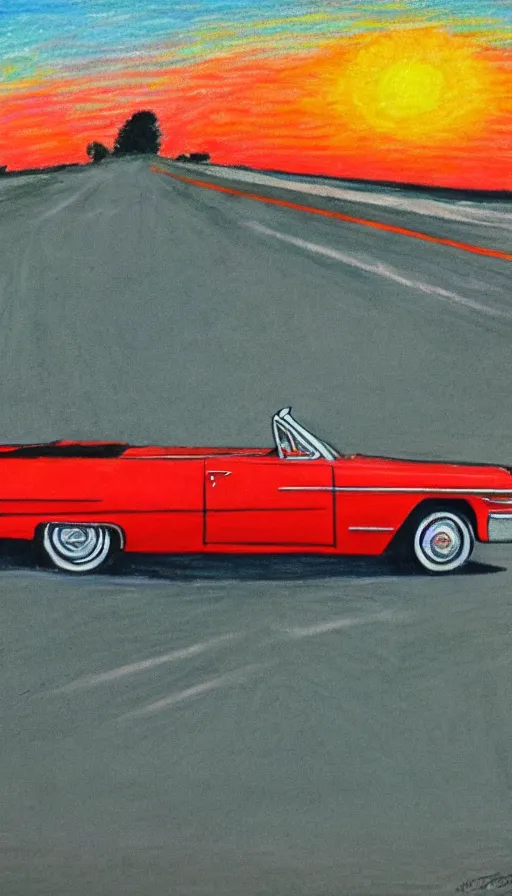 Image similar to 1 9 6 3 red cadillac convertible in the distance driving down empty highway into an orange sunrise, oil pastel, high detail, realistic, vintage, surreal