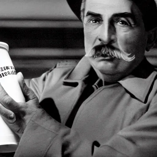 Prompt: cinematic shot of Joseph Stalin wearing a white hoodie and holding a styrofoam cup full of purple liquid sitting on the curb of a street at night, 8k, dslr,