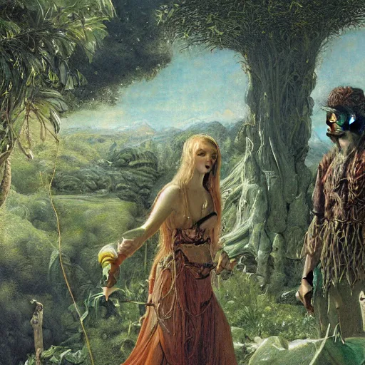 Image similar to Close-up of God being angry in the Garden of Eden. Adam and Eve look very guilty and the snake is leaving the scene quietly - Matte painting , detailed painting, made by Edgar Maxence and Ross Tran and Michael Whelan, Lorenzo Sperlonga Legends of Runeterra