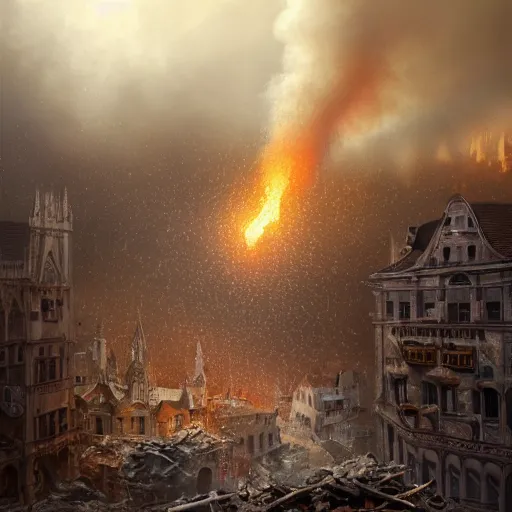 Image similar to a close detailed view of a jewish rabi screaming in panic!!!, city of munich destroyed by a meteor!!!, rubble!!, fires!! hyperrealistic, highly detailed, cinematic, foggy light from fires, beautiful, cgssociety, artstation, 8 k, oil painting by greg rutkowski, by artgerm, by wlop