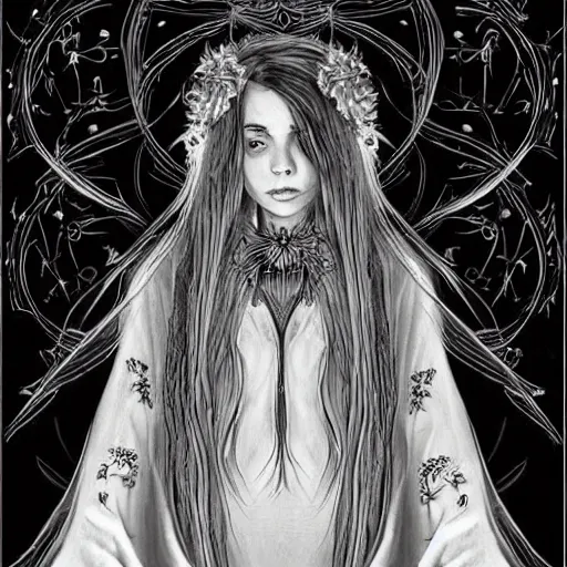 Image similar to black and white pen and ink!!!!!!! sorcerer beautiful attractive long hair Billie Eilish wearing High Royal flower print robes flaming!!!! final form flowing ritual royal!!! Contemplative stance Vagabond!!!!!!!! floating magic witch!!!! glides through a beautiful!!!!!!! Camellia!!!! Tsubaki!!! death-flower!!!! battlefield behind!!!! dramatic esoteric!!!!!! Long hair flowing dancing illustrated in high detail!!!!!!!! by Hiroya Oku!!!!!!!!! graphic novel published on 2049 award winning!!!! full body portrait!!!!! action exposition manga panel black and white Shonen Jump issue by David Lynch eraserhead and beautiful line art Hirohiko Araki!! Frank Miller, Kentaro Miura!, Jojo's Bizzare Adventure!!!! 3 sequential art golden ratio technical perspective panels horizontal per page