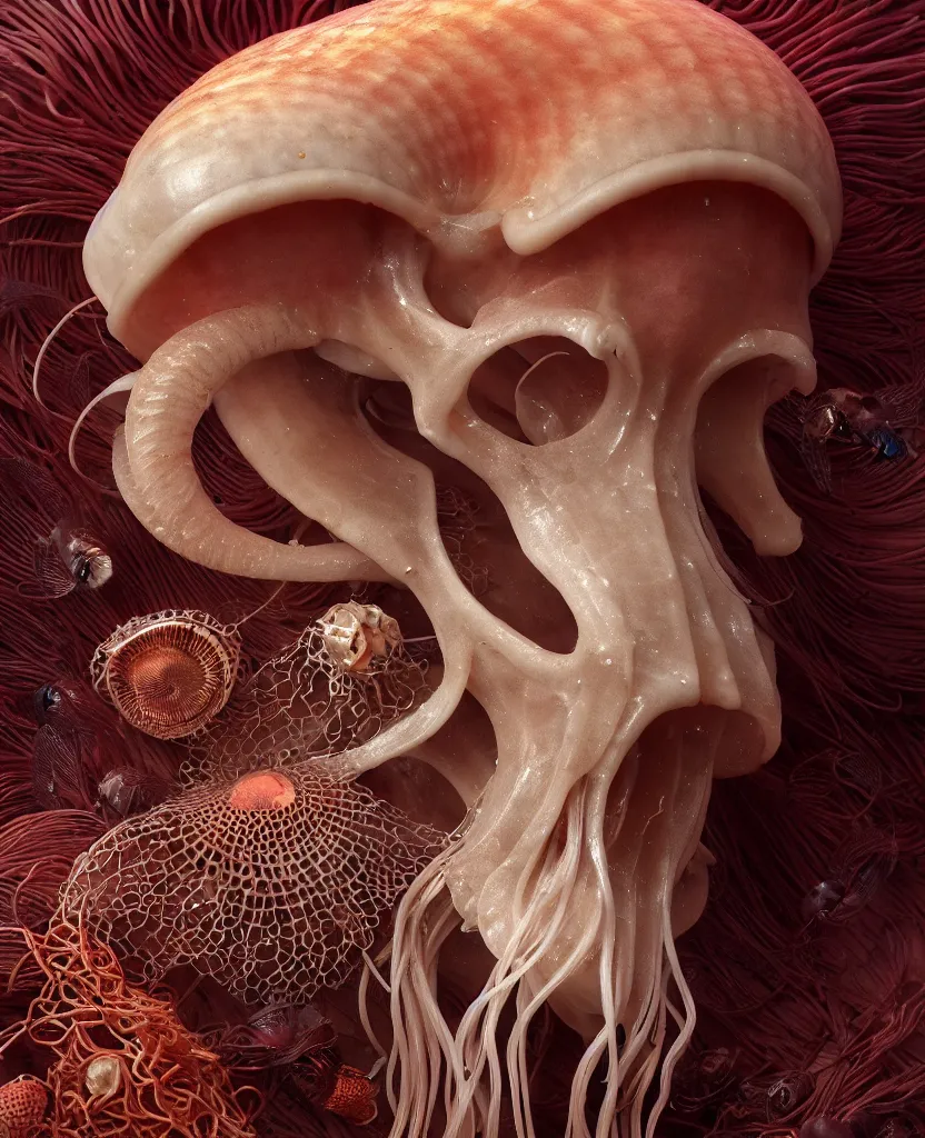 Image similar to goddess close-up portrait ram skull. jellyfish phoenix head, nautilus, orchid, ram skull, betta fish, bioluminiscent creatures, intricate artwork by Tooth Wu and wlop and beeple. octane render, trending on artstation, greg rutkowski very coherent symmetrical artwork. cinematic, hyper realism, high detail, octane render, 8k