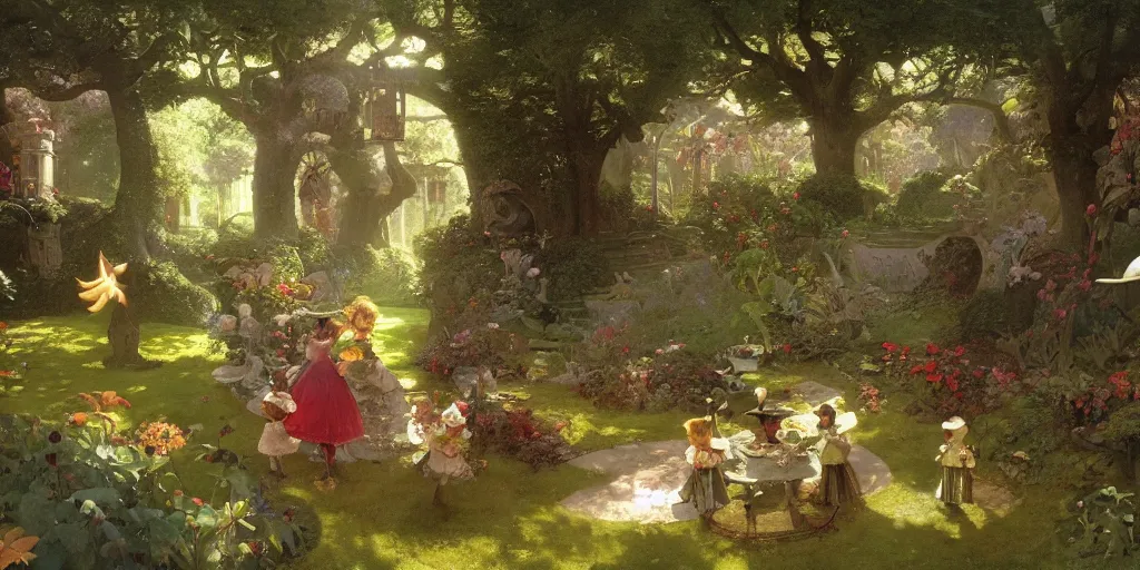 Image similar to alice in wonderland in the garden, john tenniel, normal rockwell, craig mullins, david curtis, carl spitzweg, morgan weistling, chris foss