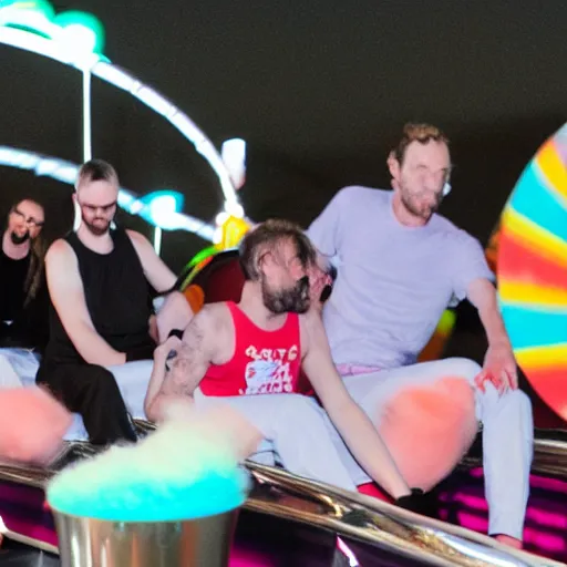 Image similar to death grips riding tilt - a - whirl at a carnival, eating cotton candy, mc ride, zach hill, andy morin,