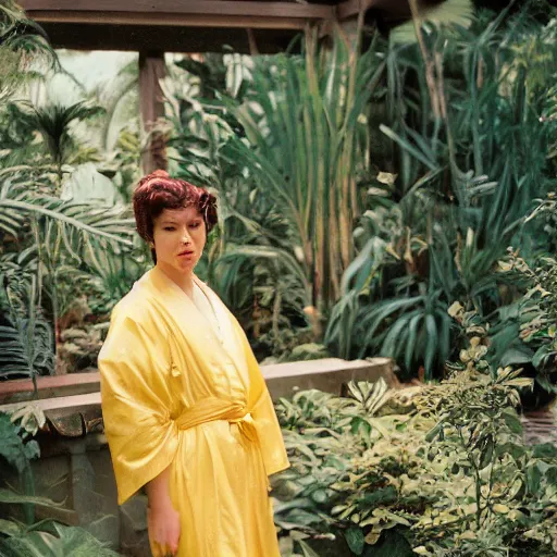 Image similar to head to waist medium format portrait photograph of an elegant blond woman wearing a yellow kimono in a tropical greenhouse. looking at the camera!!. super resolution. 85 mm f1.8 lens.bokeh.graflex. by William Adolphe Bouguereau