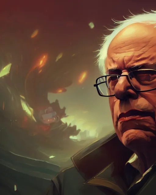 Image similar to bernie sanders as a league of legends champion, medium shot close up, details, sharp focus, illustration, by jordan grimmer and greg rutkowski, trending artstation, digital art