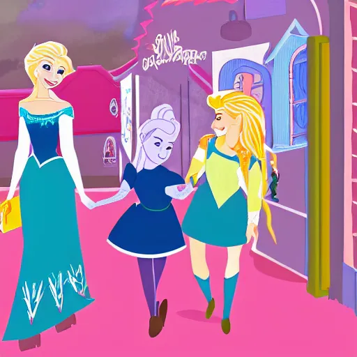 Image similar to a hand drawn illustration of Anna and Elsa walking through a toy store together, digital art, Walt Disney Pictures Walt Disney Animation Studios