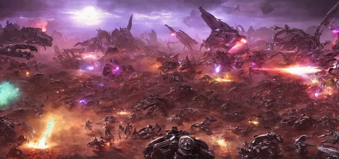 Prompt: epic army of chrome robots battle creatures on alien planet, explosions, smoke, purple and red lazers, landscape, alex ross, neal adams, david finch, war, concept art, matte painting, highly detailed, rule of thirds, dynamic lighting, cinematic, detailed, denoised, centerd