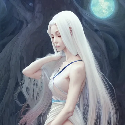 Image similar to Kaguya Ōtsutsuki from Naruto, long white hair, D&D, fantasy, intricate, elegant, highly detailed, digital painting, artstation, concept art, matte, sharp focus, illustration, art by Artgerm and Greg Rutkowski and Alphonse Mucha