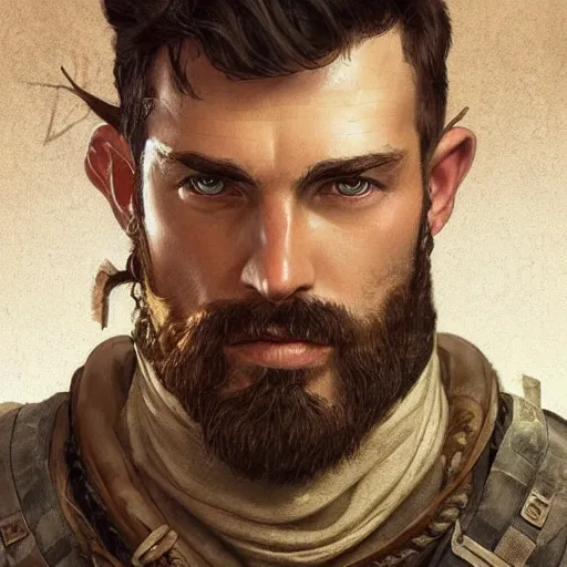 Image similar to portrait of a young rugged ranger, muscular, upper body, hairy torso, D&D, fantasy, intricate, cinematic lighting, highly detailed, digital painting, artstation, concept art, smooth, sharp focus, illustration, art by Artgerm and Greg Rutkowski and Alphonse Mucha