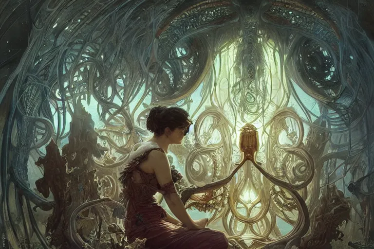 Prompt: a lovecraftian painting of the study of the unknowable, cosmic horror elements, ultra realistic, concept art, intricate details, eerie, highly detailed, photorealistic, octane render, 8 k, unreal engine. art by artgerm and greg rutkowski and alphonse mucha