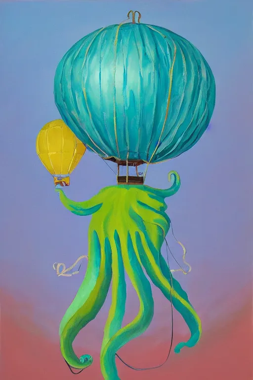 Prompt: teal octopus as hot air balloon, oil painting