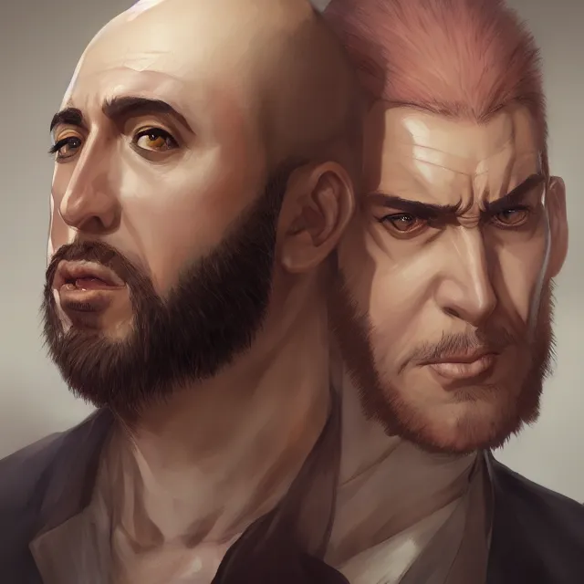 Image similar to anime portrait of bald nicolas cage neutral expression face straight on headshot even lighting no hair by stanley artgerm lau, wlop, rossdraws, james jean, andrei riabovitchev, marc simonetti, and sakimichan, trending on artstation