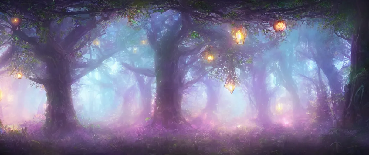 Prompt: a digital painting of a magical fantasy forest, large magical trees, magical flowers, hanging lanterns, volumetric lighting, mystical, evening, concept art, trending on artstation, matte painting, high detail, high quality