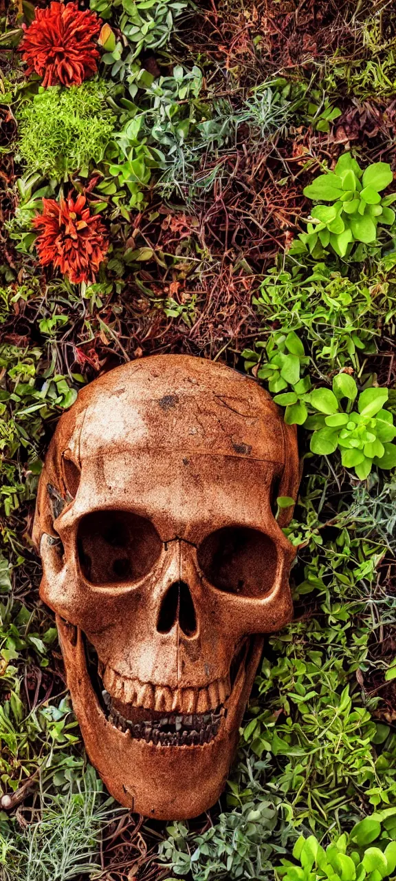 Image similar to award winning photo of robot skull rusty and filled with plants, stunning, 4 k, detailed, top - down, realistic