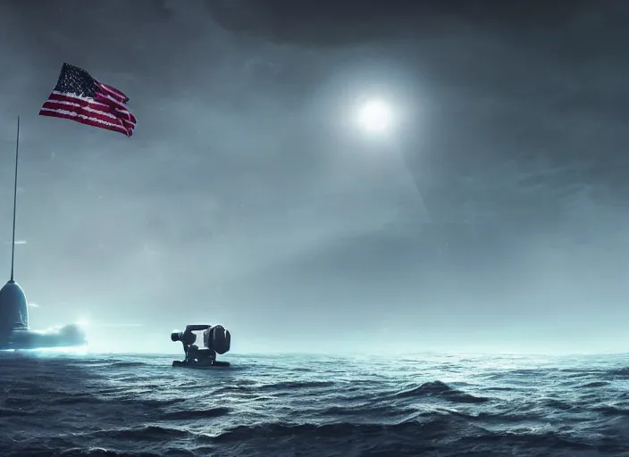 Image similar to astronaut holding a flag in an underwater desert. a submarine is visible in the distance. dark, concept art, cinematic, dramatic, atmospheric, 8 k, trending on artstation, blue, fish, low visibility, fog, ocean floor, christopher nolan, interstellar