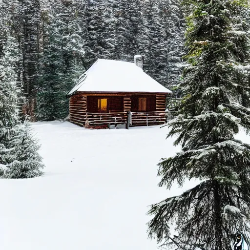 Image similar to winter cabin in the woods, snow falling, pine trees, photograph, f 8. 0 3 2 mm,