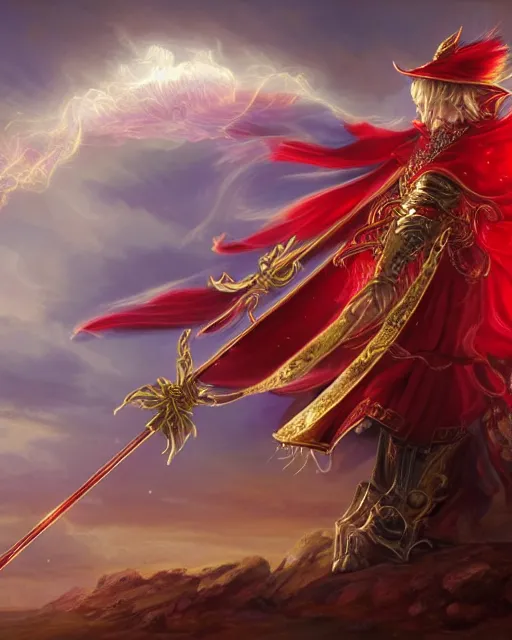Prompt: A Full View of a Red Mage wearing red white and gold striped magical shining armor and a feathered hat holding a staff of power with a gemstone topper surrounded by an epic cloudscape. Magus. Red Wizard. Magimaster. Conquistador armor. Red and white striped cape. Fantasy Illustration. masterpiece. 4k digital illustration. by Ruan Jia and Mandy Jurgens and Artgerm and greg rutkowski and Rembrant and William-Adolphe Bouguereau and Edmund Blair Leighton, award winning, Artstation, art nouveau aesthetic, Alphonse Mucha background, intricate details, realistic, panoramic view, Hyperdetailed, 8k resolution, intricate art nouveau