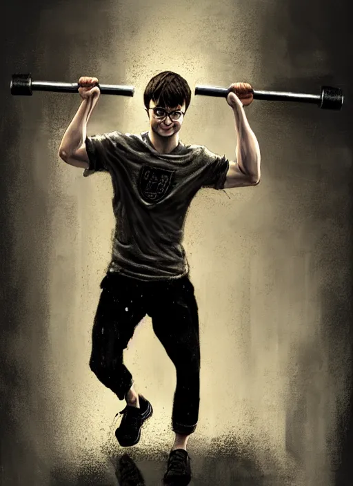 Prompt: a highly detailed full body portrait of Daniel Radcliffe as Harry Potter doing barbell back squats, wearing a muscle tee shirt, intricate detail, digital painting, old english, raining, sepia, particles floating, gym background by marc simonetti, artwork by ross tran + ramond swanland + liam wong, concept art, smooth, sharp focus, illustration, cinematic lighting