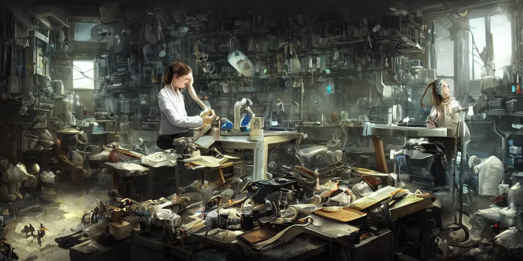 Image similar to an environmental concept art of a female scientist building an android in a cluttered workshop, highly detailed, cinematic, dramatic lighting, close shot, rule of thirds by francis tneh