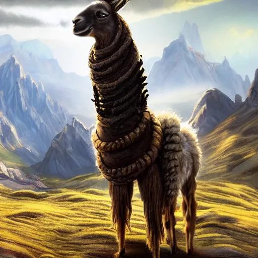 Prompt: A cinematic matte painting of a llama with dreadlocks, heroic pose, ultra realistic, ultra detailed, in the style of chriss foss